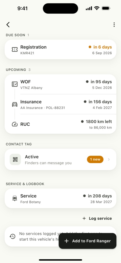 A vehicle page in AdminShark listing registration, inspection and insurance renewals, with a Contact tag card marked Active and one new message
